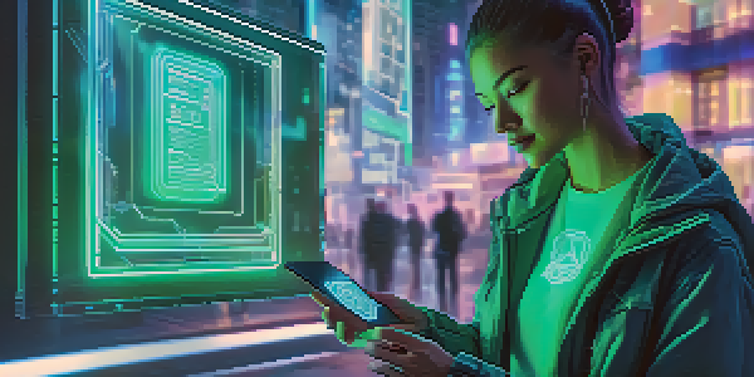 A person in a modern city holding a glowing NFT card surrounded by holographic displays, representing digital identity verification.