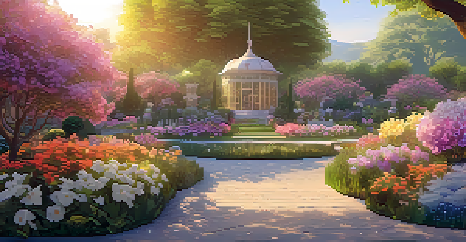 A serene digital garden with unique NFT flowers blooming in various colors, illuminated by soft sunlight.