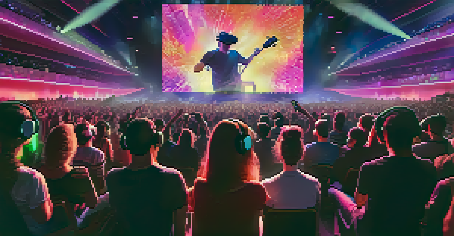 An immersive virtual concert with attendees wearing VR headsets and a vibrant digital display.