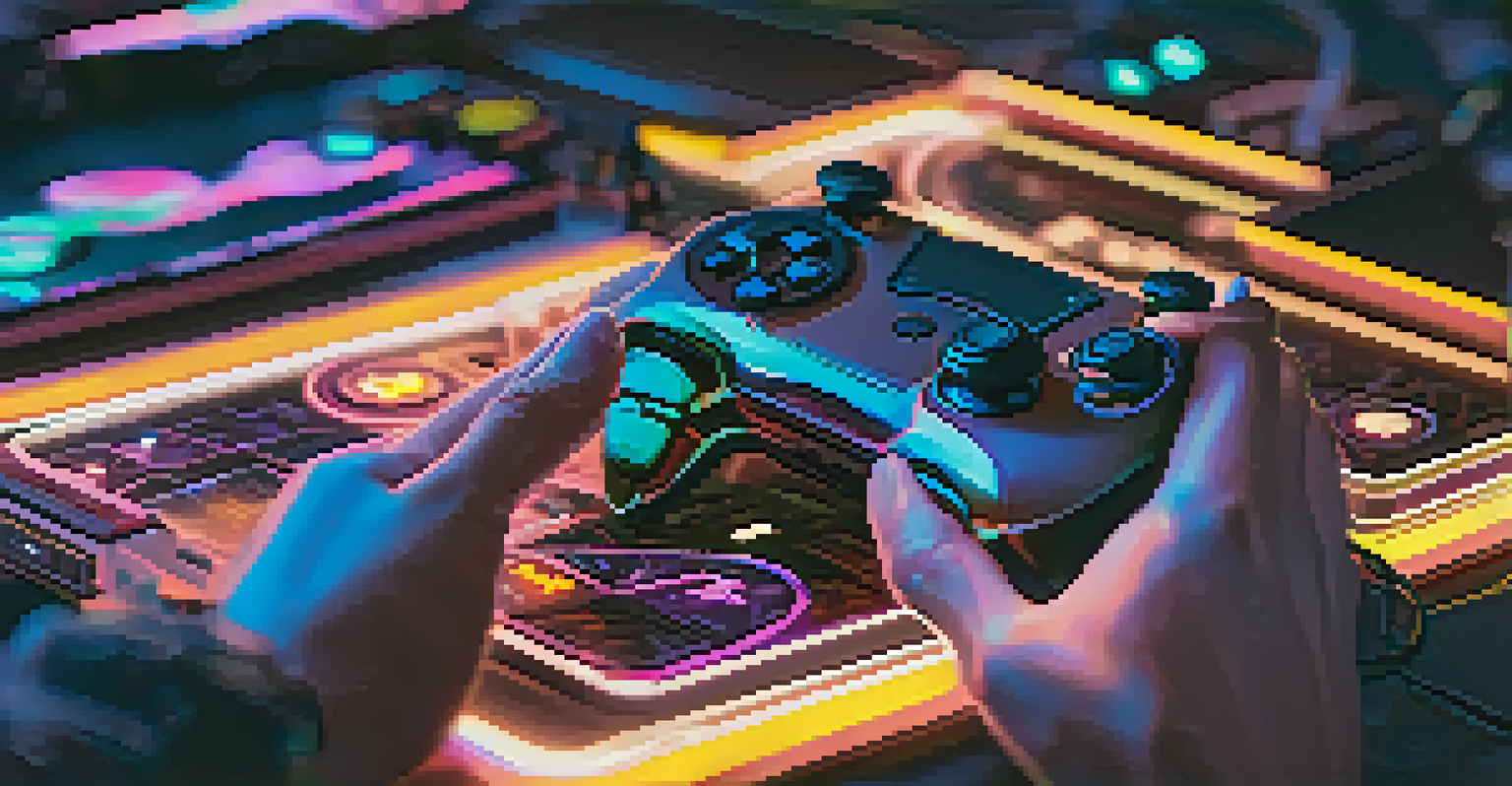 A player's hands on a gaming controller with floating holographic digital assets in the background.