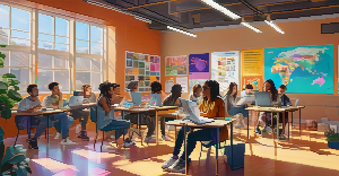 A diverse group of students in a bright classroom, learning about NFTs with laptops and a large screen displaying a tutorial.