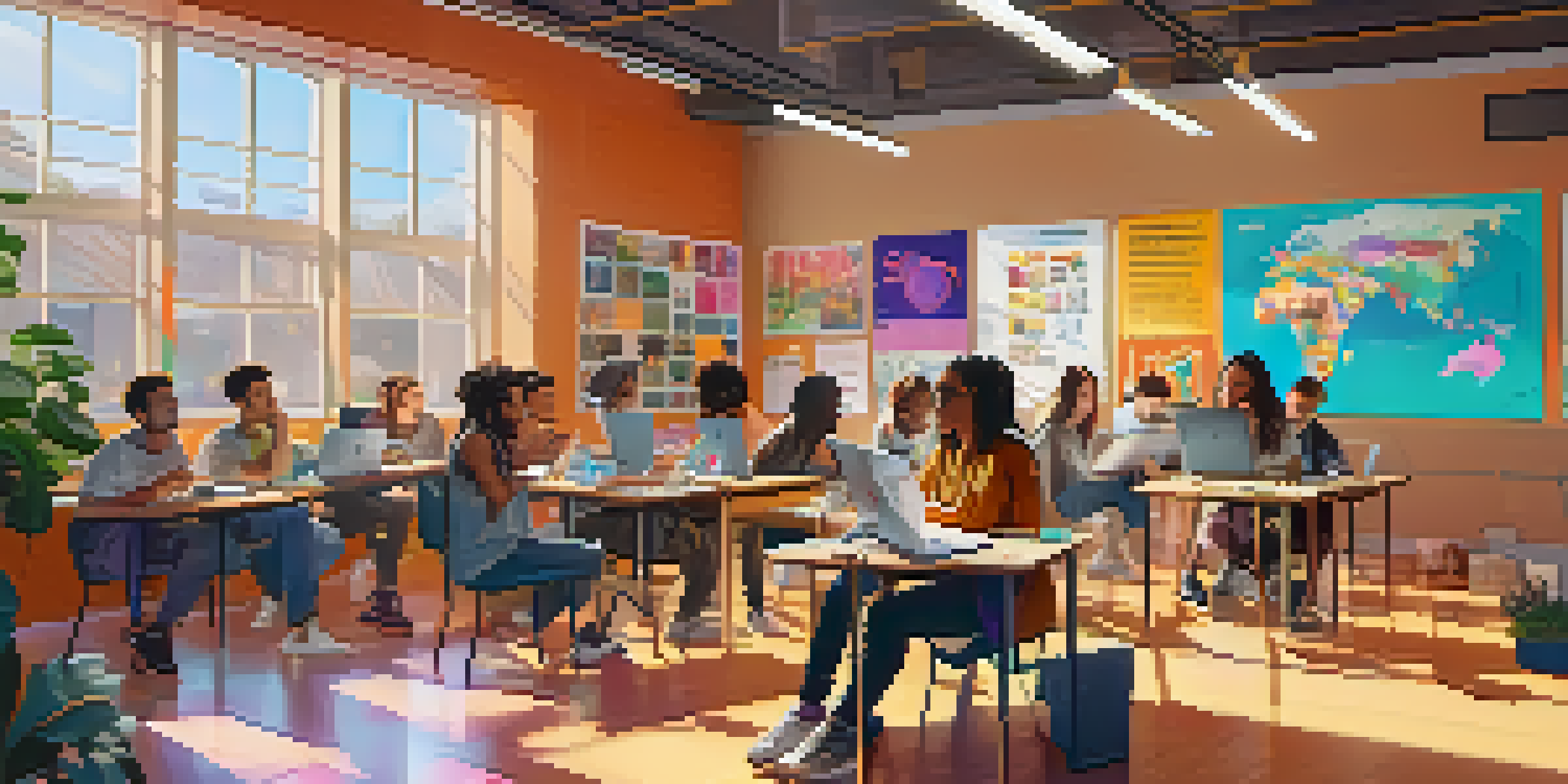 A diverse group of students in a bright classroom, learning about NFTs with laptops and a large screen displaying a tutorial.