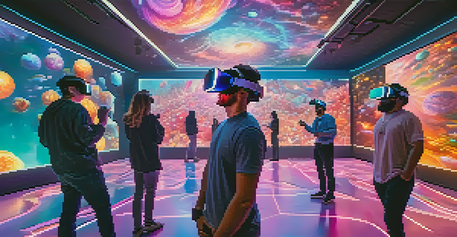 An immersive virtual reality space where individuals engage with floating holographic NFTs, surrounded by vibrant colors.