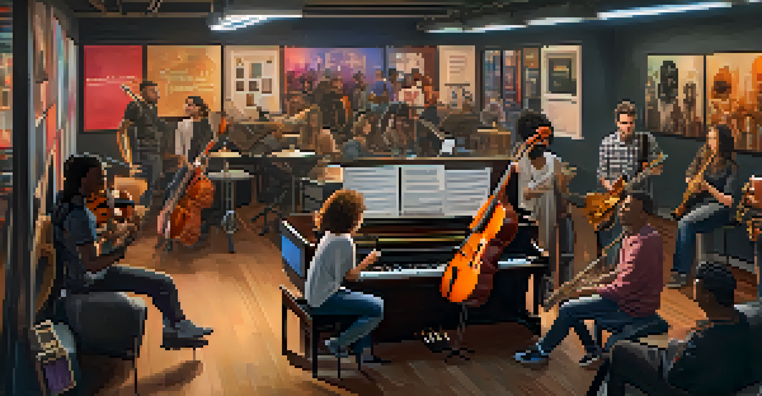 A group of diverse musicians collaborating in a modern studio, surrounded by instruments and digital screens showing NFT art, bathed in warm lighting.