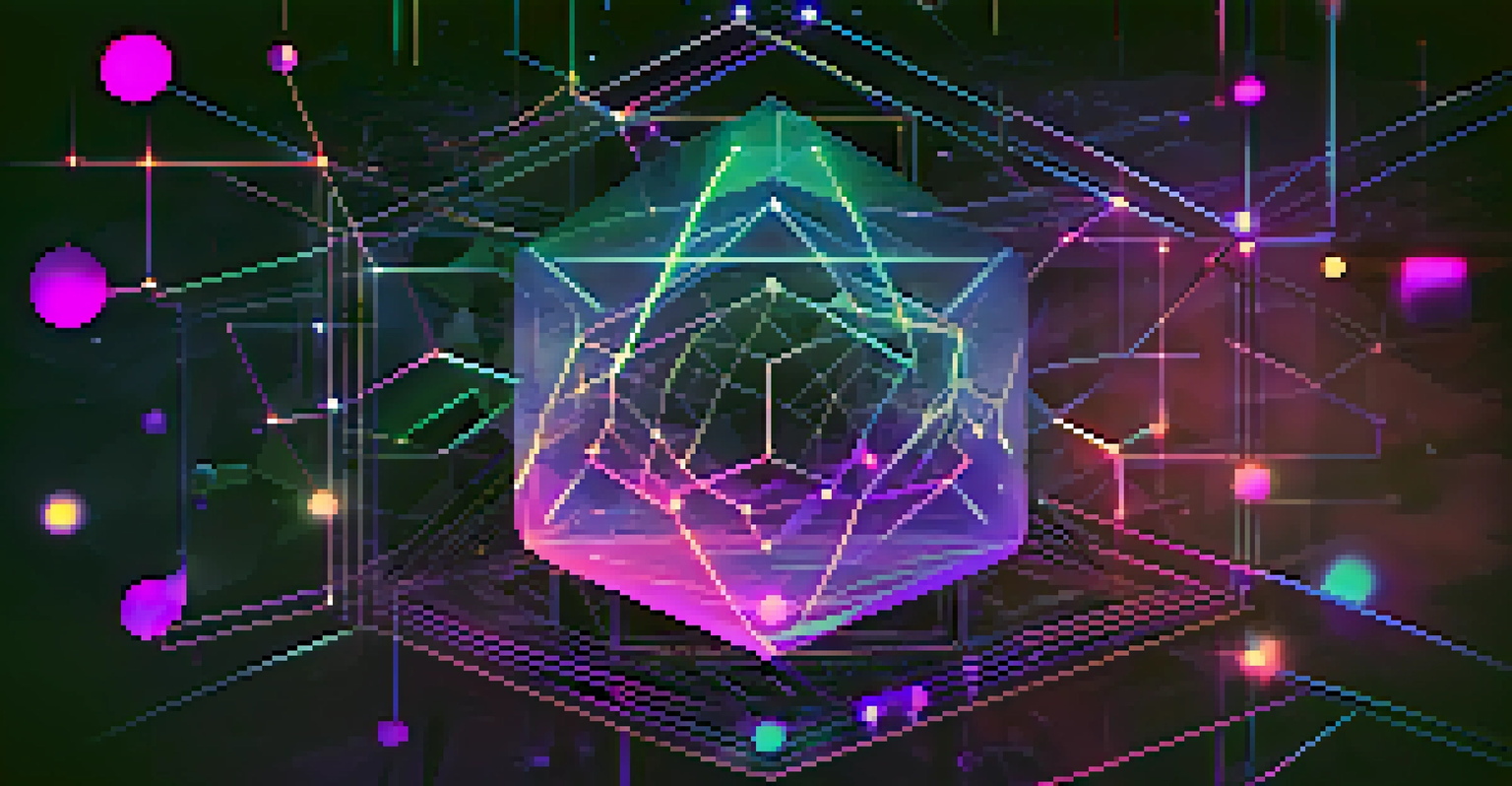 An abstract depiction of a blockchain with interconnected geometric shapes and glowing nodes on a deep blue and purple background.
