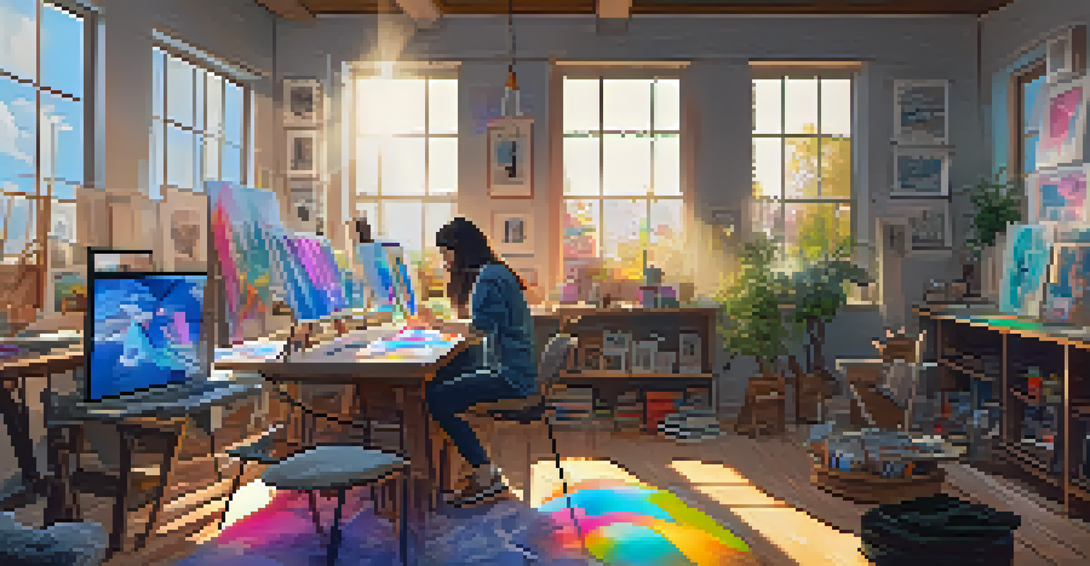 An artist in a cozy studio creating NFTs with sunlight streaming through the window.