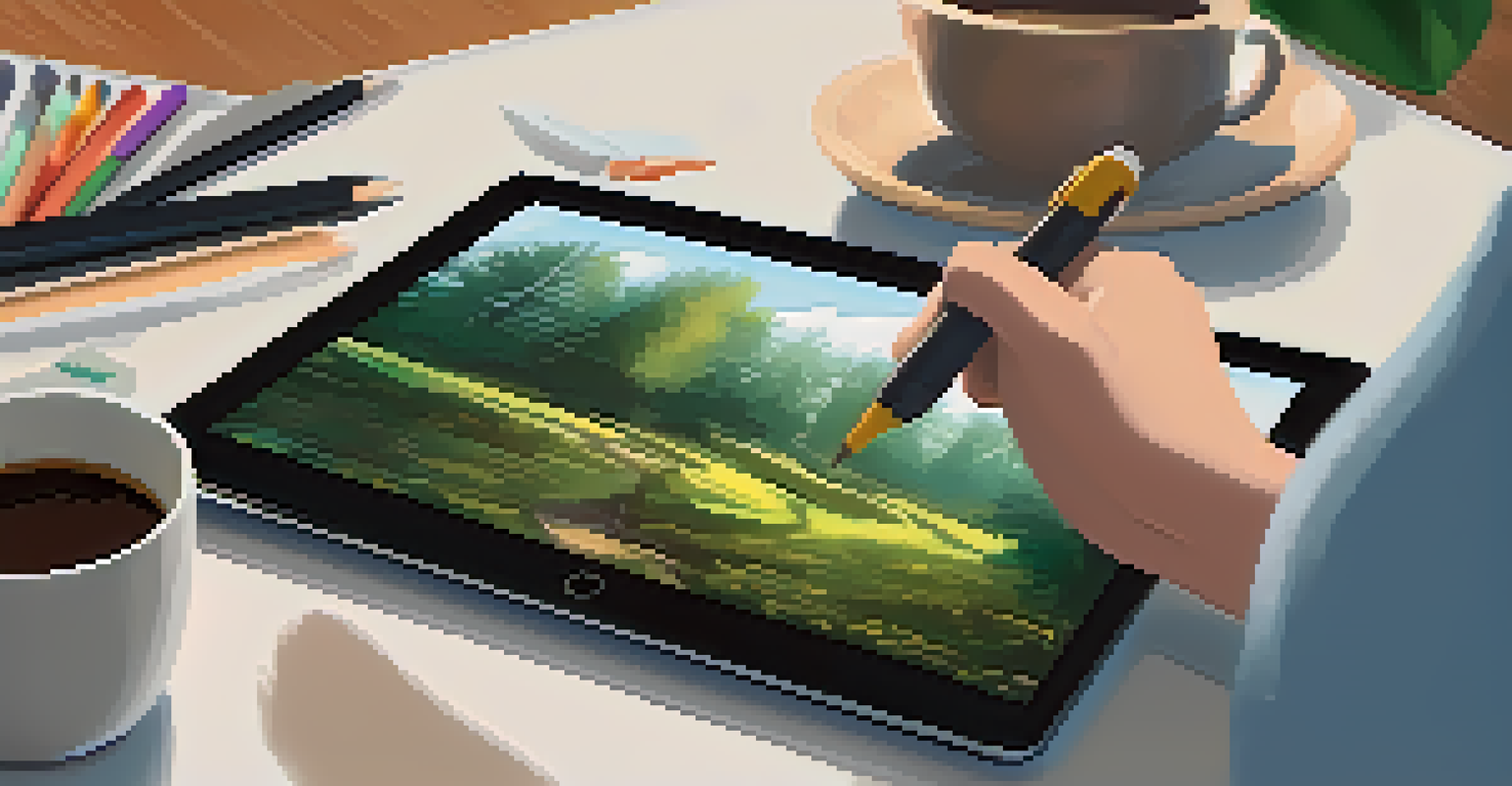 A close-up of a digital tablet with digital art, the artist's hand holding a stylus, set in a cozy workspace.