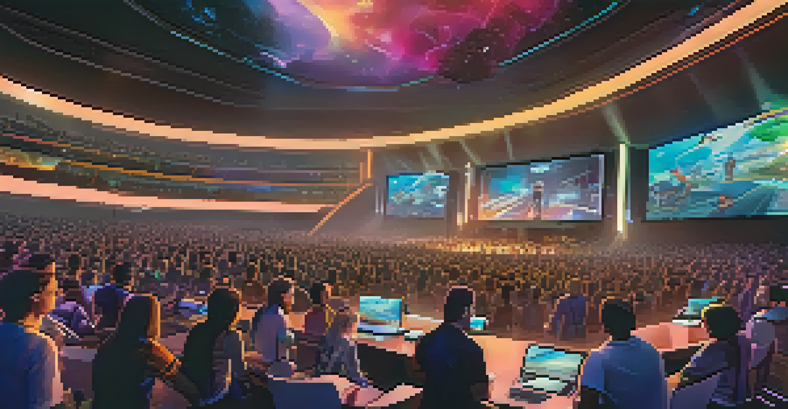 A high-tech amphitheater with players engaged in a community event, featuring screens and holographic displays.