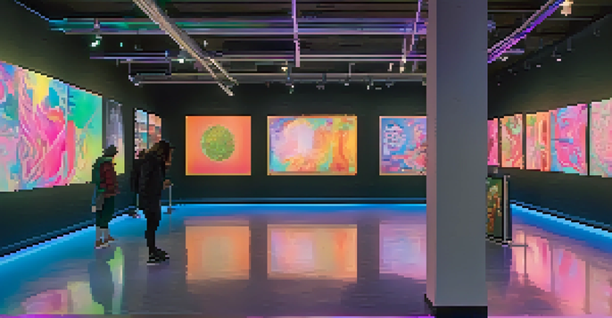 A digital art gallery filled with various NFT artworks displayed on screens, illuminated by soft ambient lighting.