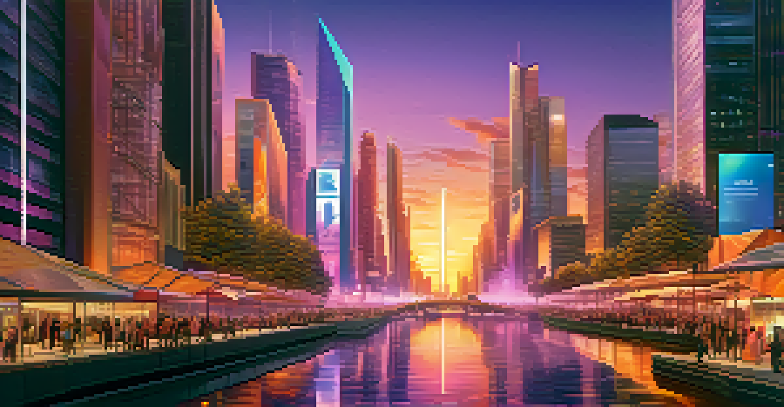 A futuristic city with skyscrapers displaying NFT art on screens and people interacting with digital assets using augmented reality glasses.