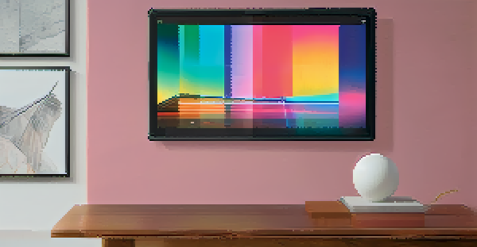 A vibrant digital art piece on a tablet surrounded by other NFT artworks in a modern gallery.