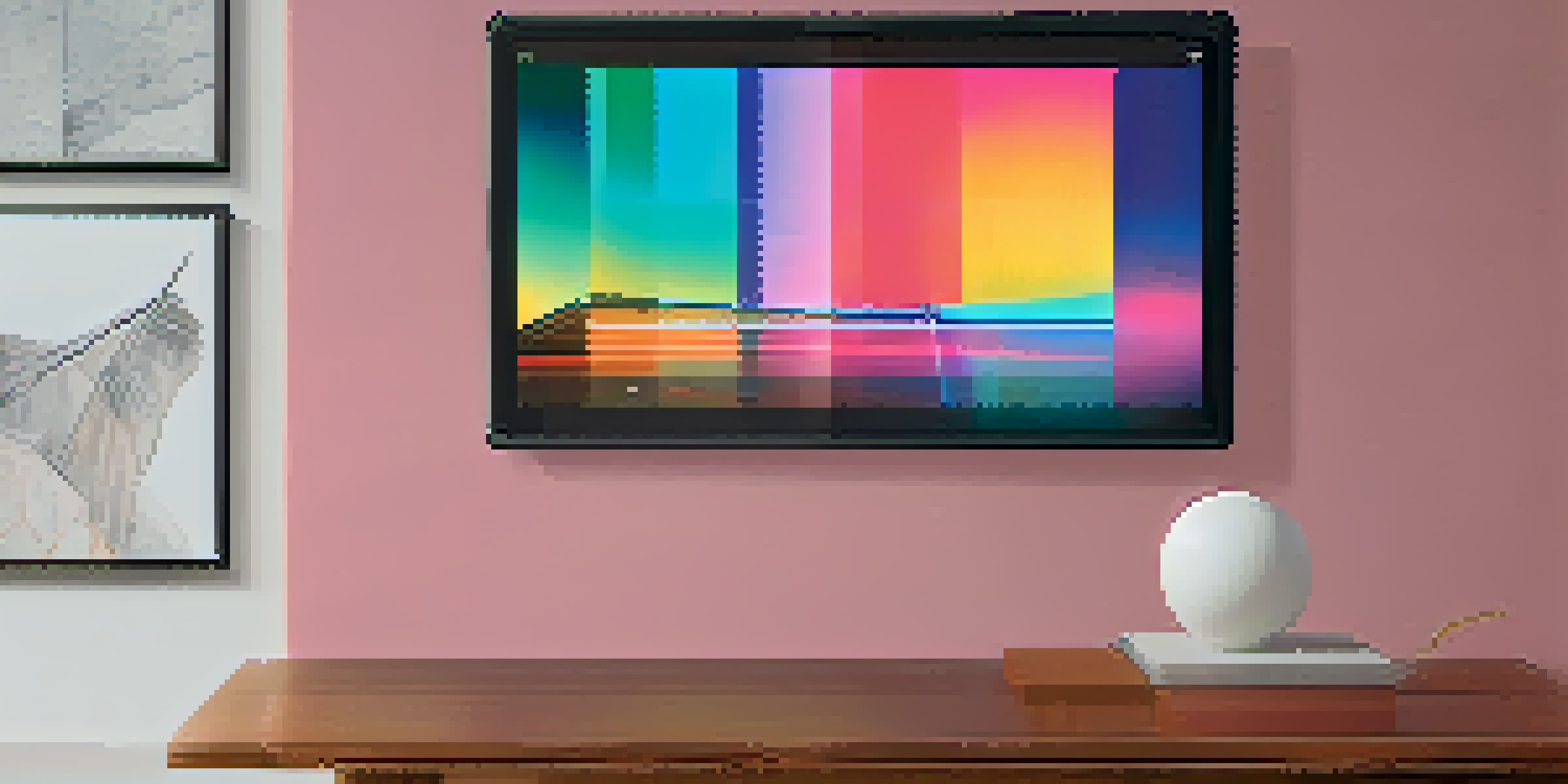 A vibrant digital art piece on a tablet surrounded by other NFT artworks in a modern gallery.