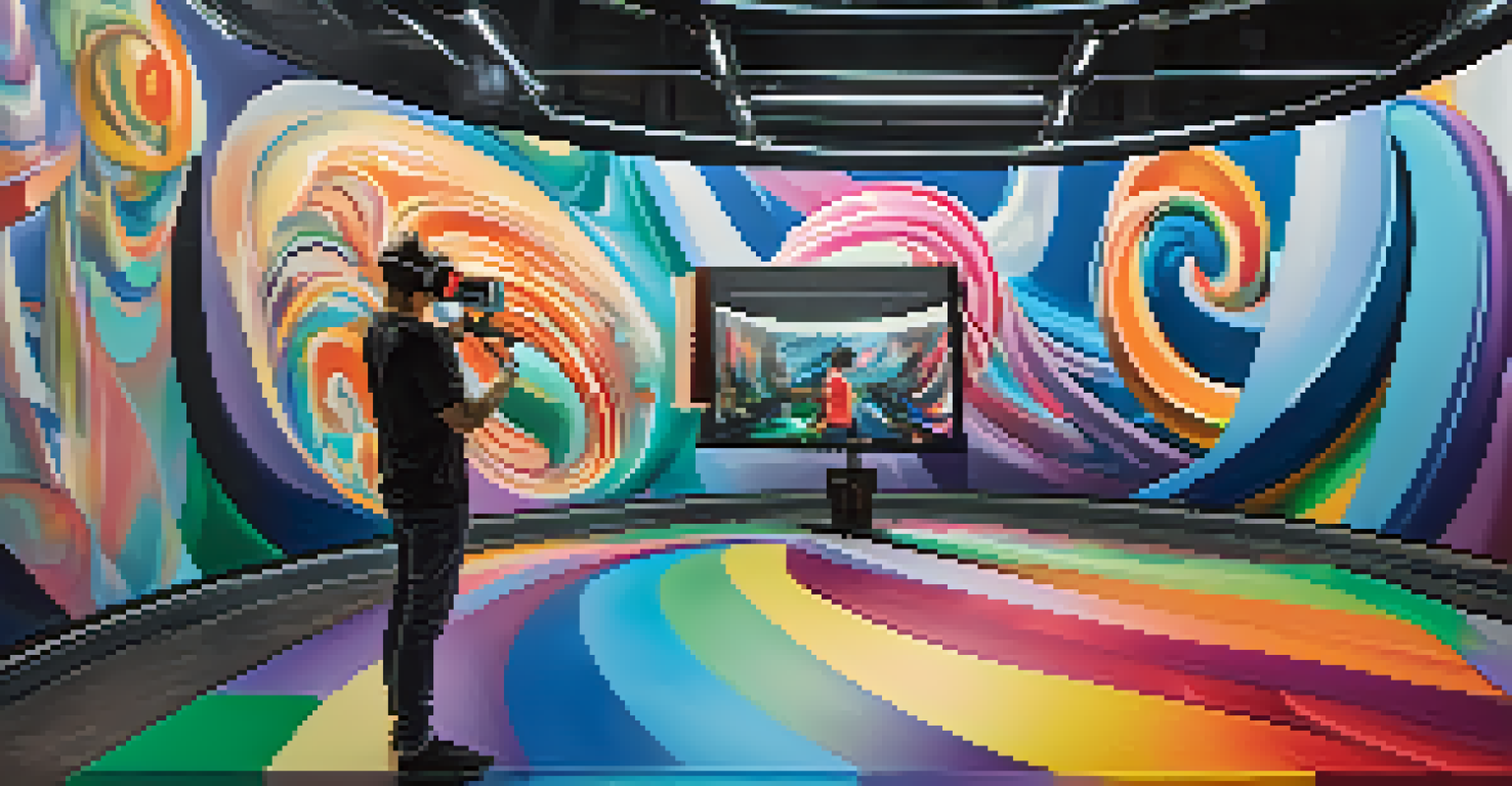 An artist using virtual reality technology to create a 3D mural in a futuristic studio.