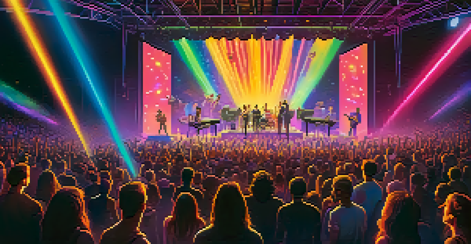 A virtual concert scene featuring holographic performers and a crowd of fans interacting with floating digital collectibles.