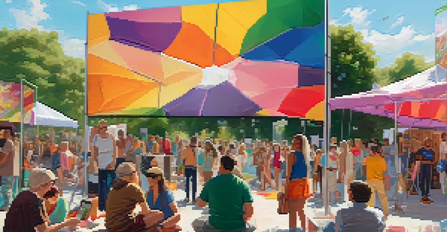 Artists and collectors at an outdoor art festival showcasing digital artworks and engaging in discussions.