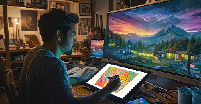 A digital artist working intently on a tablet in a tech-savvy workspace.