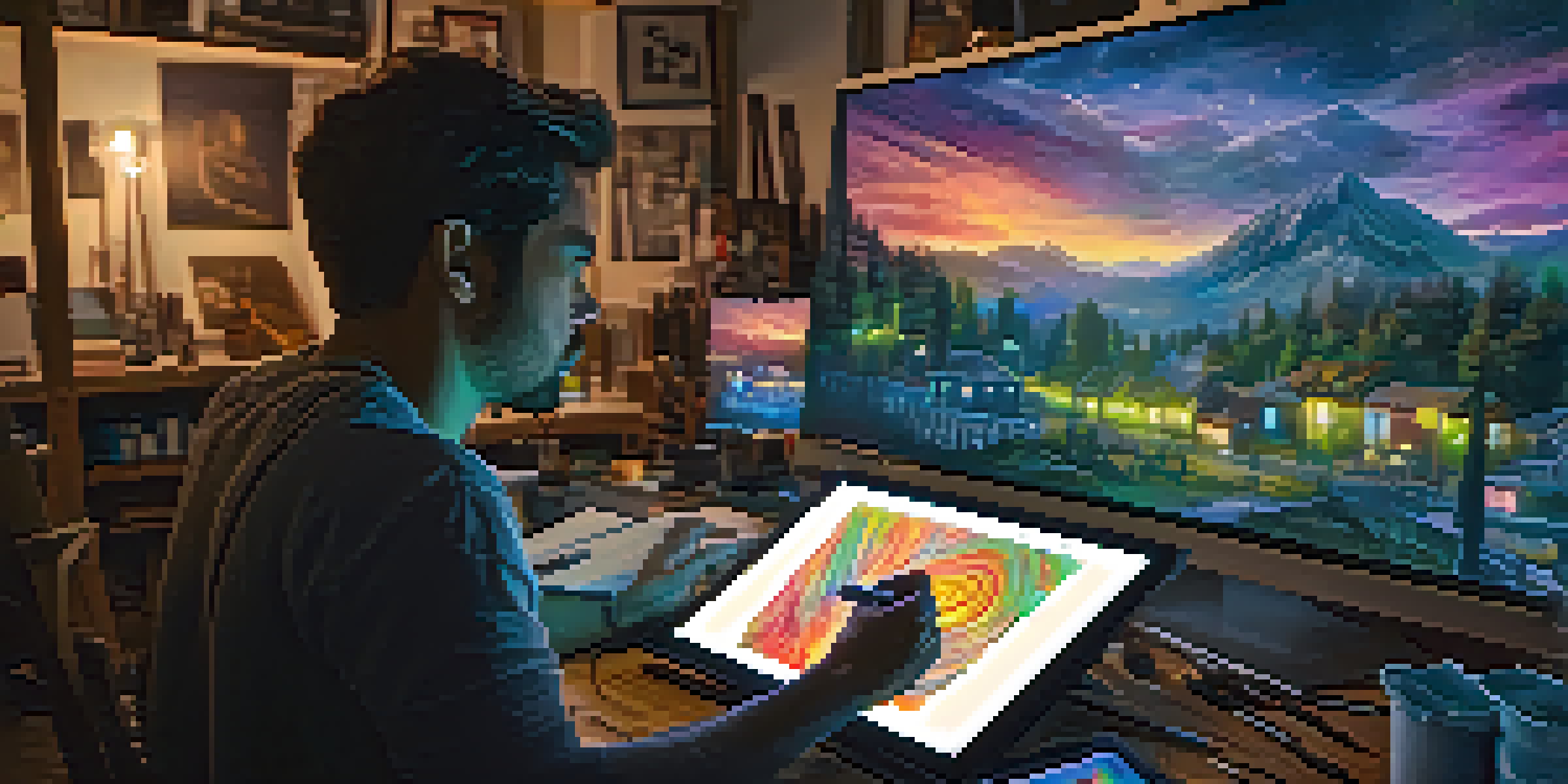 A digital artist working intently on a tablet in a tech-savvy workspace.
