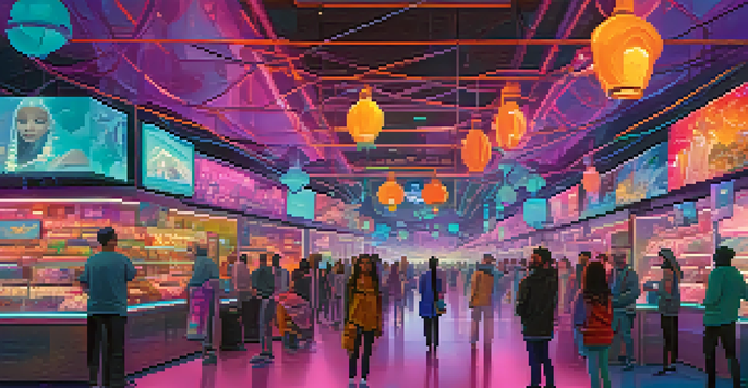 A futuristic NFT marketplace filled with diverse avatars trading digital art, illuminated with bright colors.
