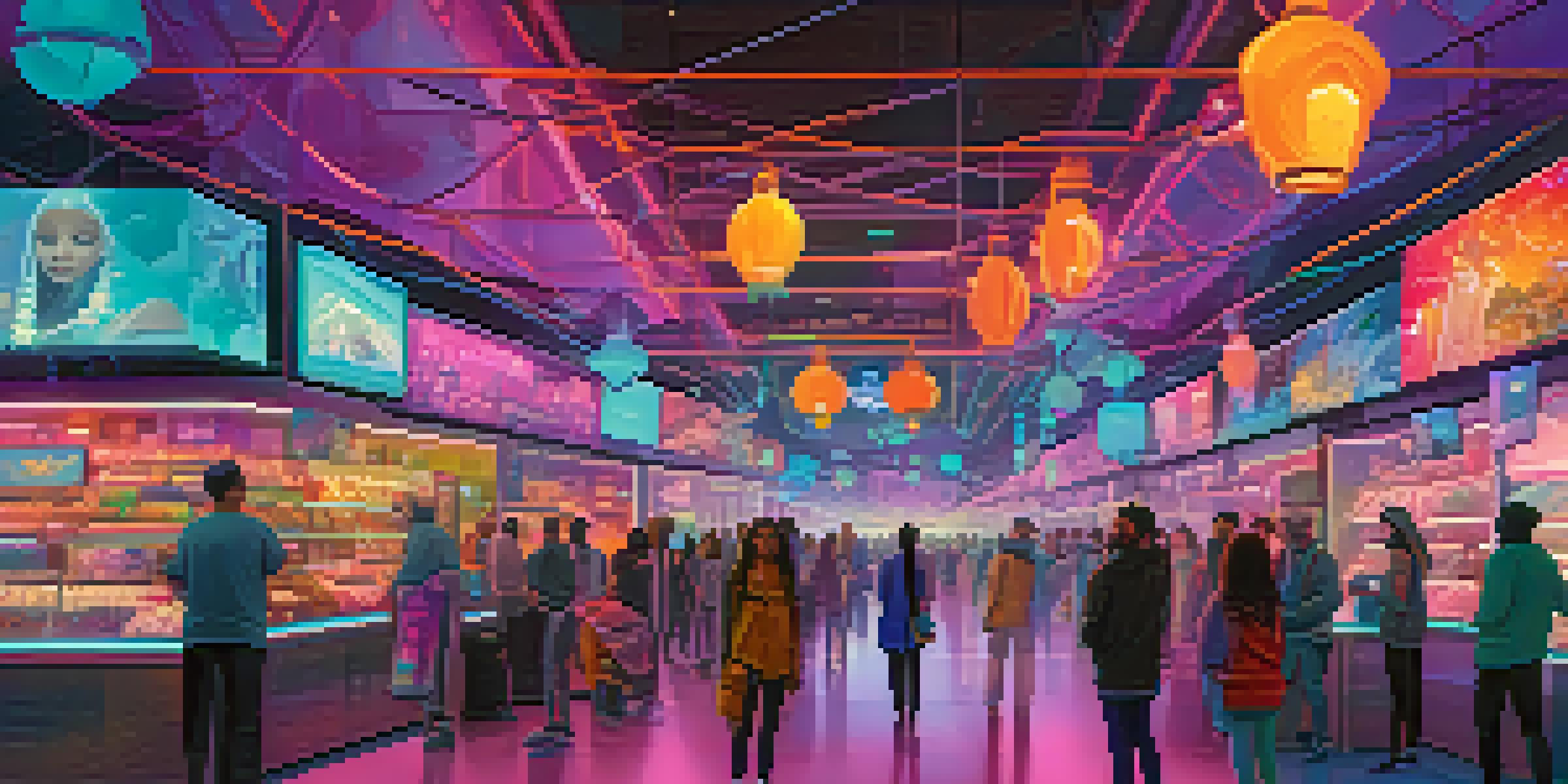 A futuristic NFT marketplace filled with diverse avatars trading digital art, illuminated with bright colors.