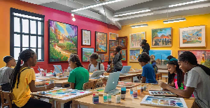 A lively art workshop with young artists creating digital art, surrounded by colorful murals and bright natural light.