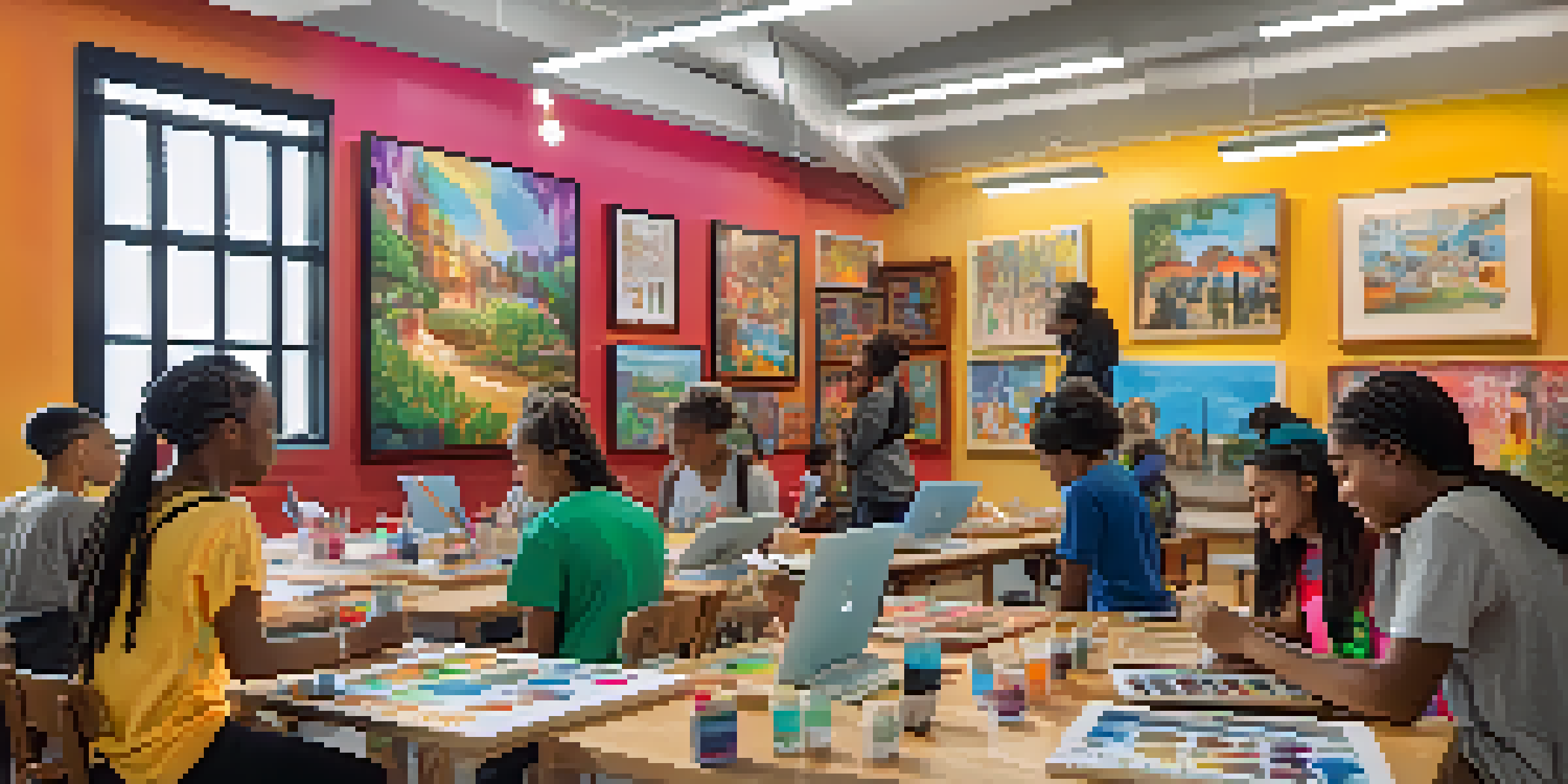 A lively art workshop with young artists creating digital art, surrounded by colorful murals and bright natural light.