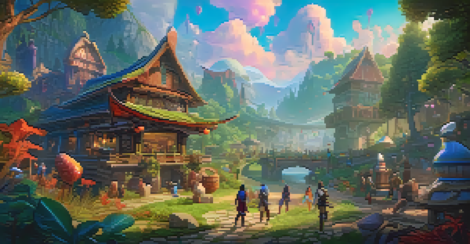 A colorful fantasy gaming landscape with players trading unique in-game items as NFTs, showcasing excitement and vibrant visuals.