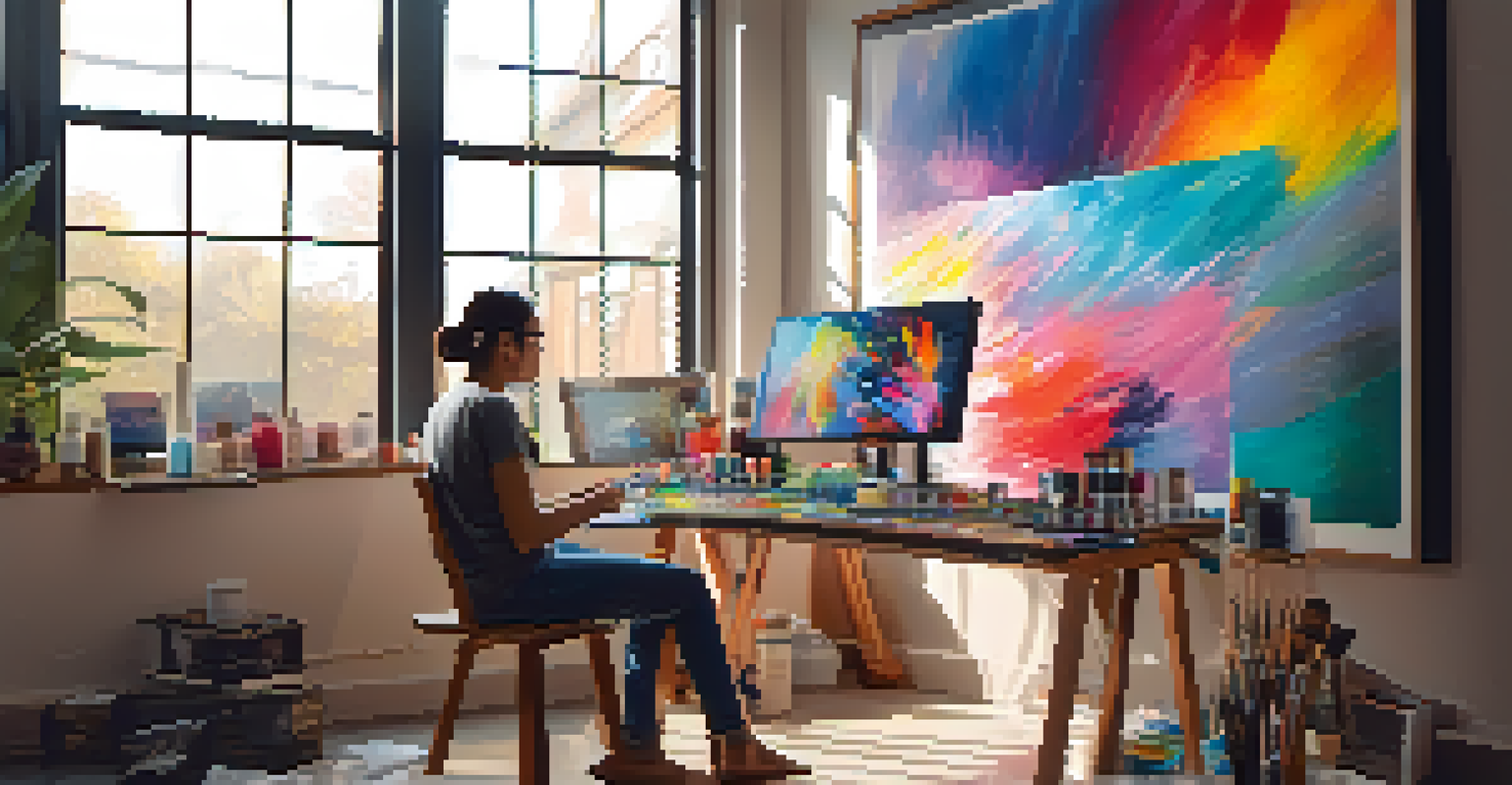An artist's workspace with a computer displaying digital art and traditional art supplies, illuminated by natural light.