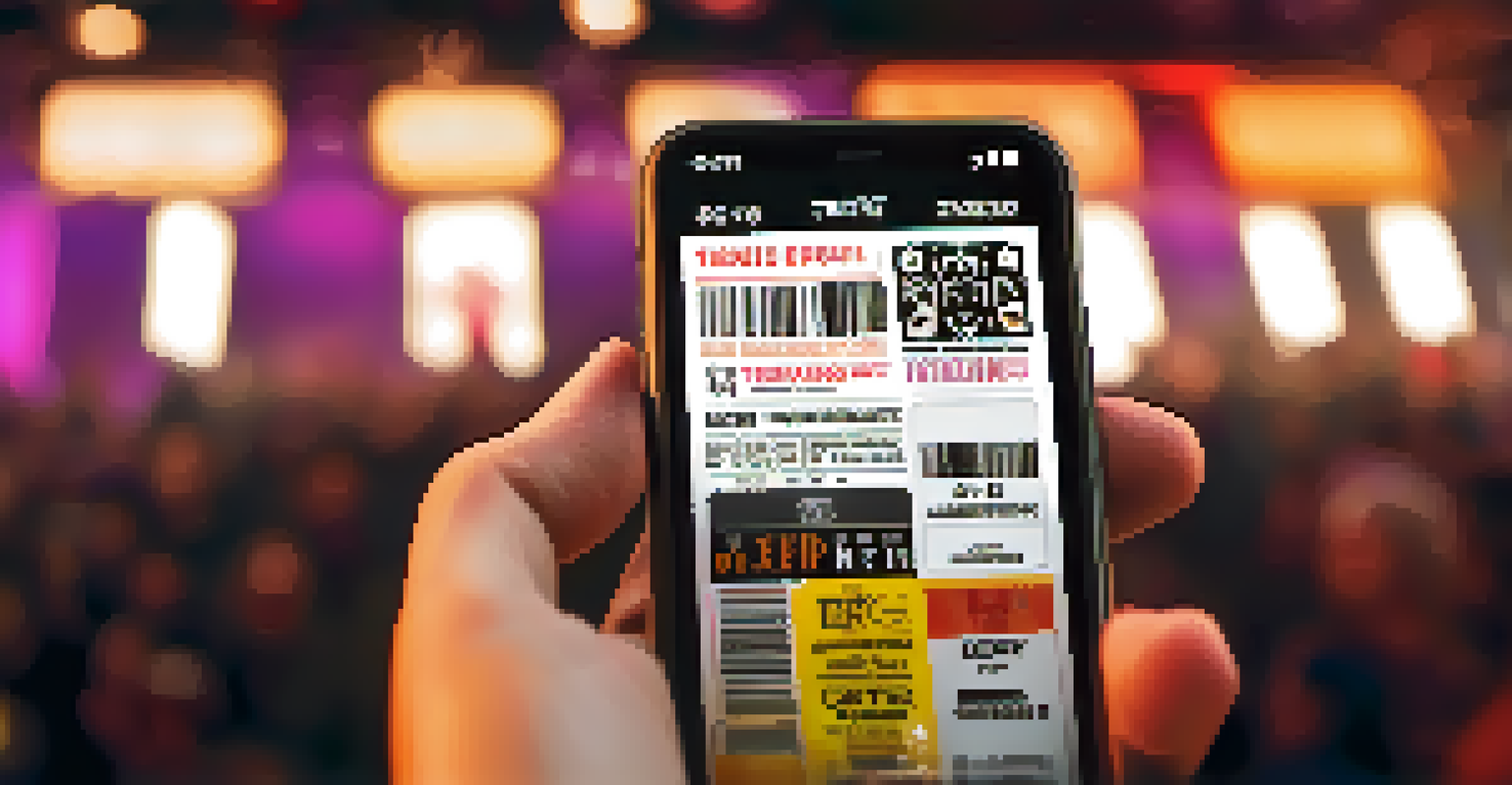 A close-up of a digital NFT ticket on a smartphone, surrounded by concert memorabilia.