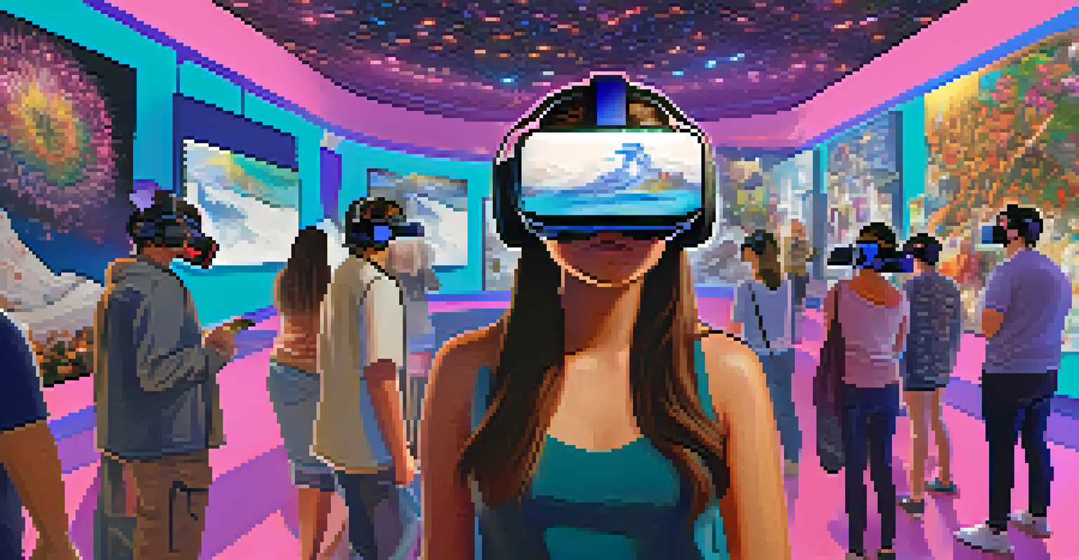 Attendees at a virtual reality event exploring a digital art gallery filled with unique NFTs, wearing VR headsets.