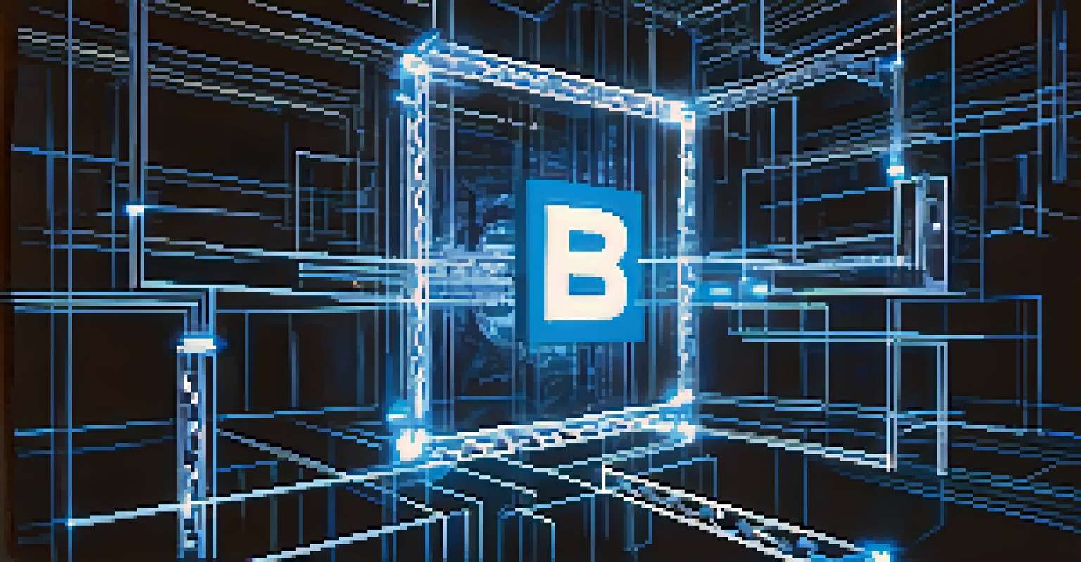 An abstract image depicting interconnected blocks and chains representing blockchain technology, glowing in blue against a dark background.