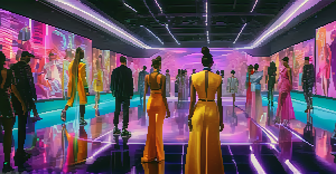 A colorful digital fashion show with avatars in luxury outfits, set in a futuristic gaming environment.