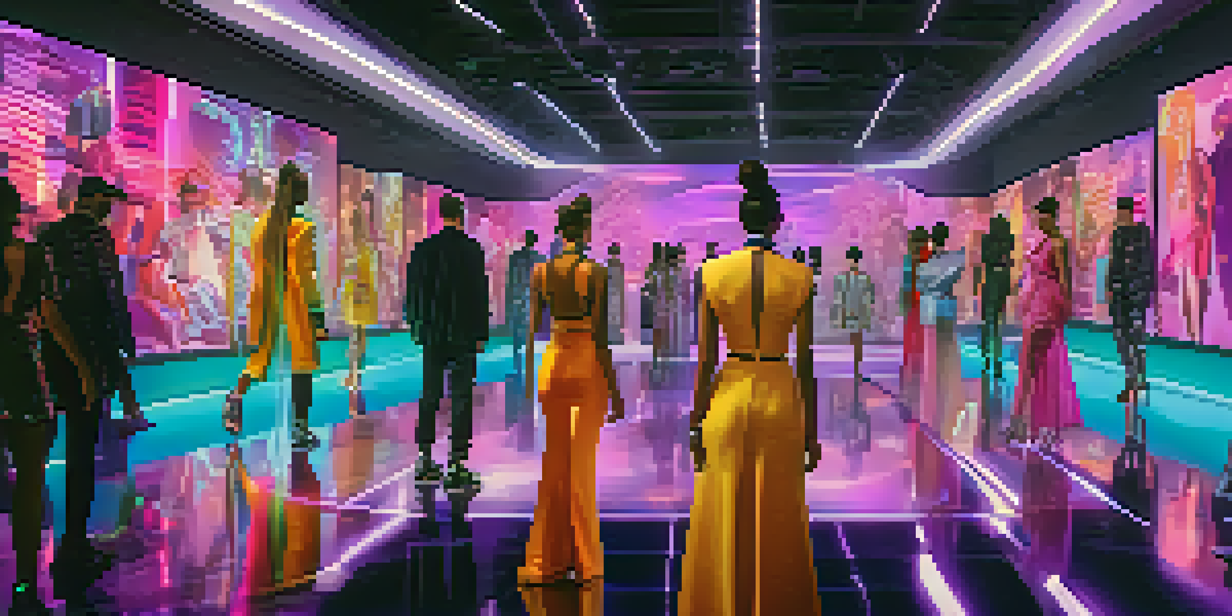 A colorful digital fashion show with avatars in luxury outfits, set in a futuristic gaming environment.