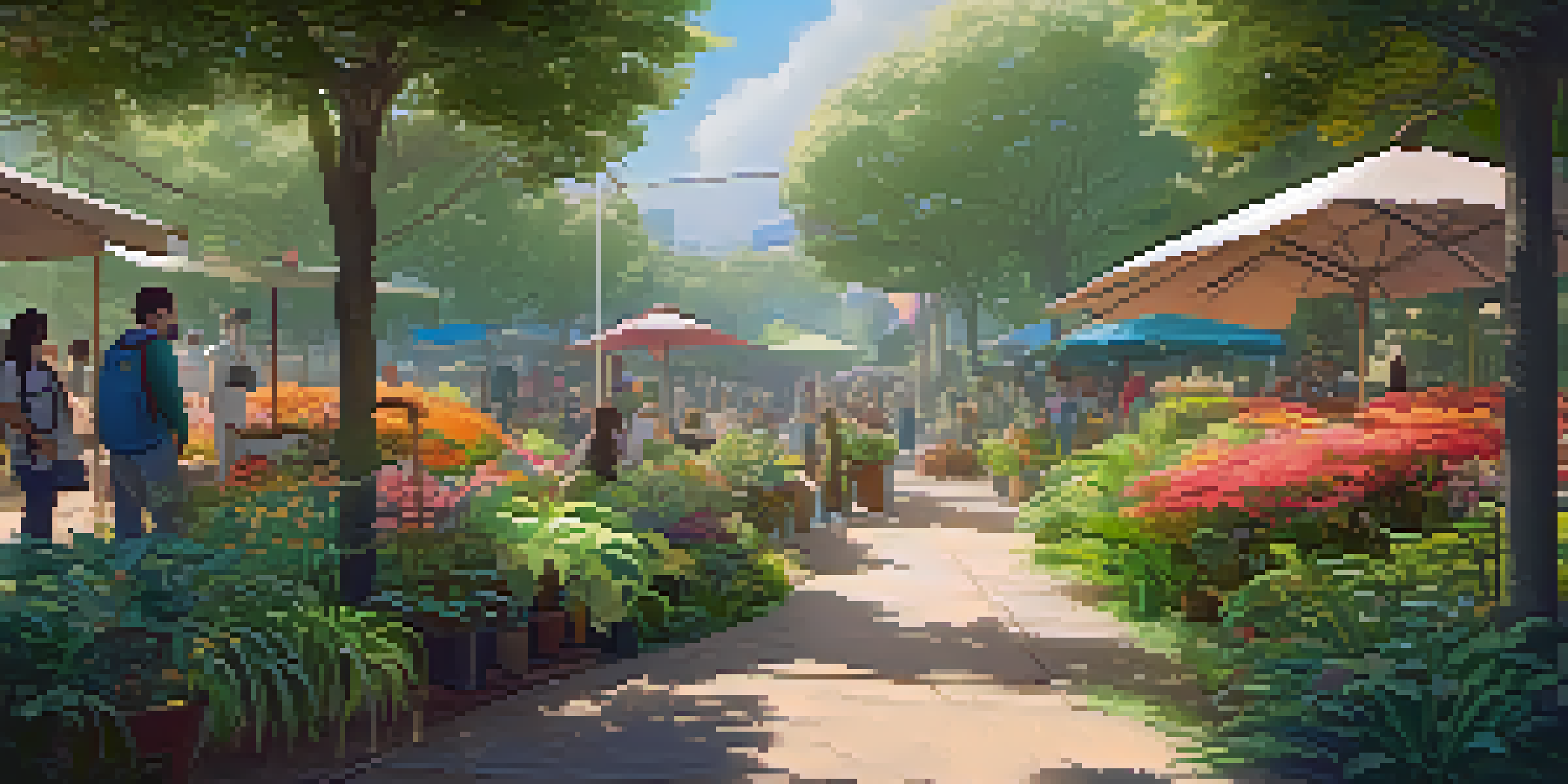 A lively and eco-friendly NFT marketplace surrounded by greenery, with people engaging with digital artworks under soft sunlight.