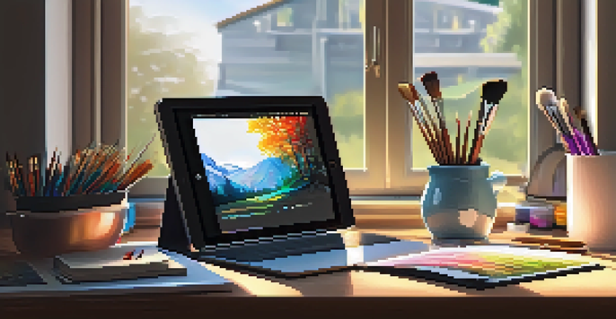 A close-up of an artist's workspace with a digital tablet showing colorful digital art, surrounded by art supplies, illuminated by soft natural light.