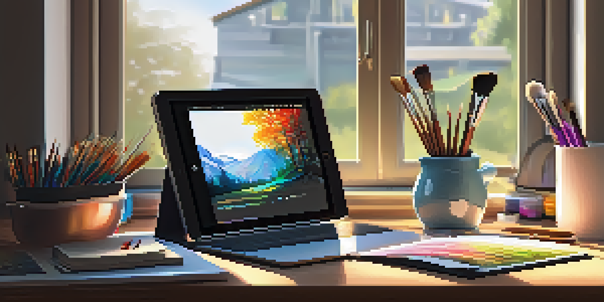 A close-up of an artist's workspace with a digital tablet showing colorful digital art, surrounded by art supplies, illuminated by soft natural light.