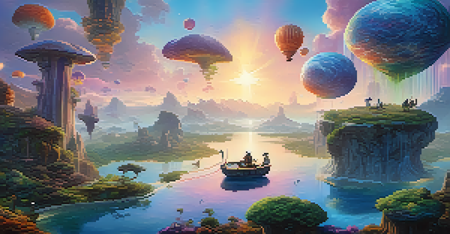 A character exploring a vibrant virtual reality landscape with floating islands and colorful skies.