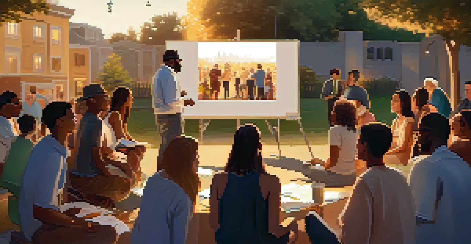 A diverse community gathering outdoors discussing NFT projects, with a whiteboard in the background and warm evening light.
