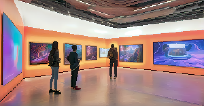 A digital art gallery with unique NFTs displayed on screens, illuminated by colorful lights and featuring engaged visitors.