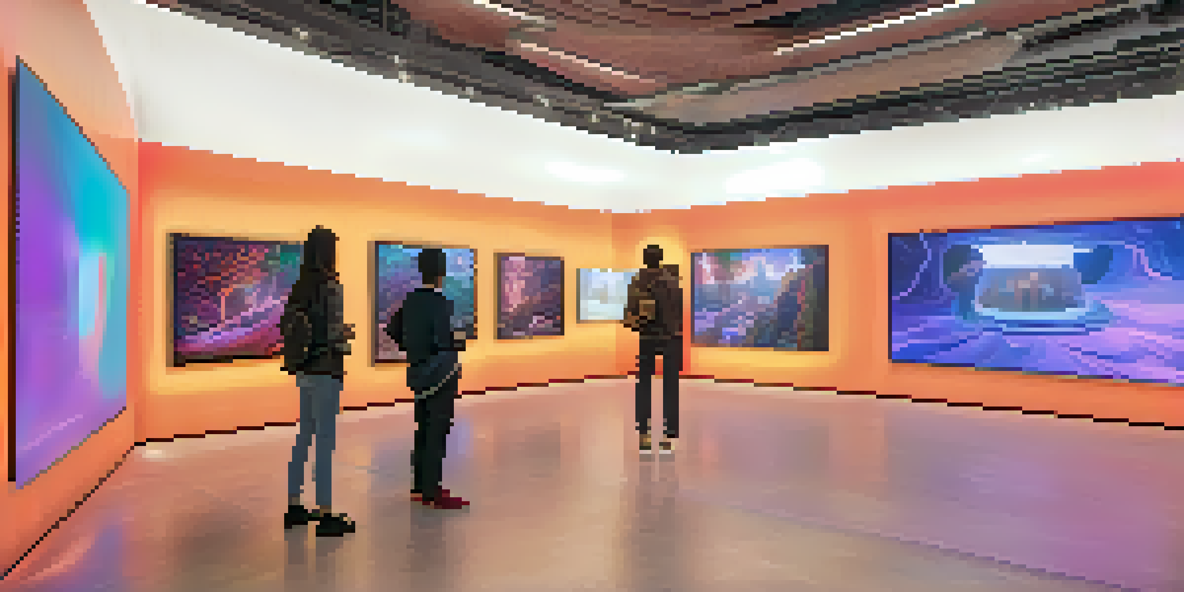 A digital art gallery with unique NFTs displayed on screens, illuminated by colorful lights and featuring engaged visitors.