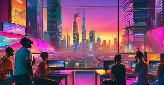 A futuristic city skyline at sunset with colorful neon lights, people playing a virtual reality game in the foreground.