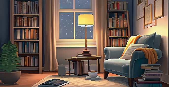 A warm and inviting reading nook with an armchair, books, a lamp, a cup of tea, and a digital tablet showing NFT art.