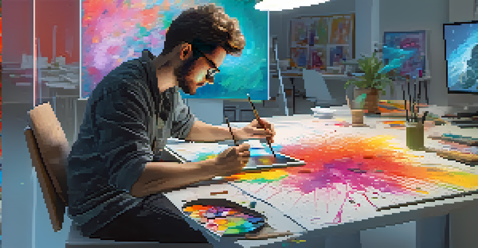 An artist creating digital art in a modern studio, surrounded by colorful materials and a blockchain diagram on the screen.