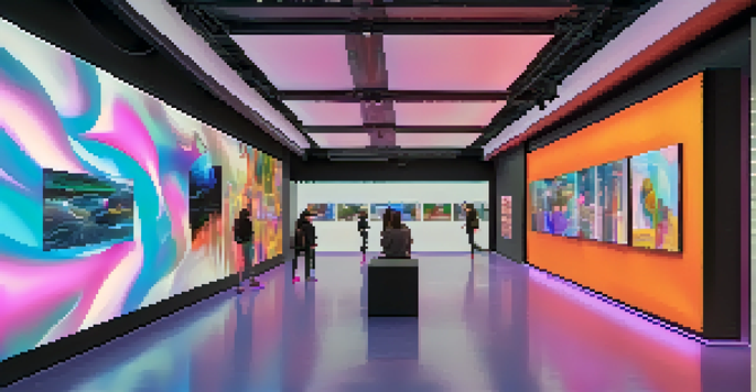 A digital art gallery filled with colorful NFT artworks displayed on large screens, illuminated by soft LED lights, with art enthusiasts admiring the pieces.