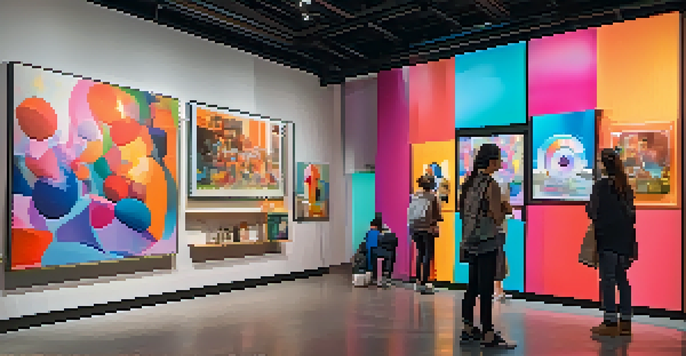 A digital art gallery filled with colorful NFT artworks displayed on modern screens, with visitors admiring the art and engaging in conversations.