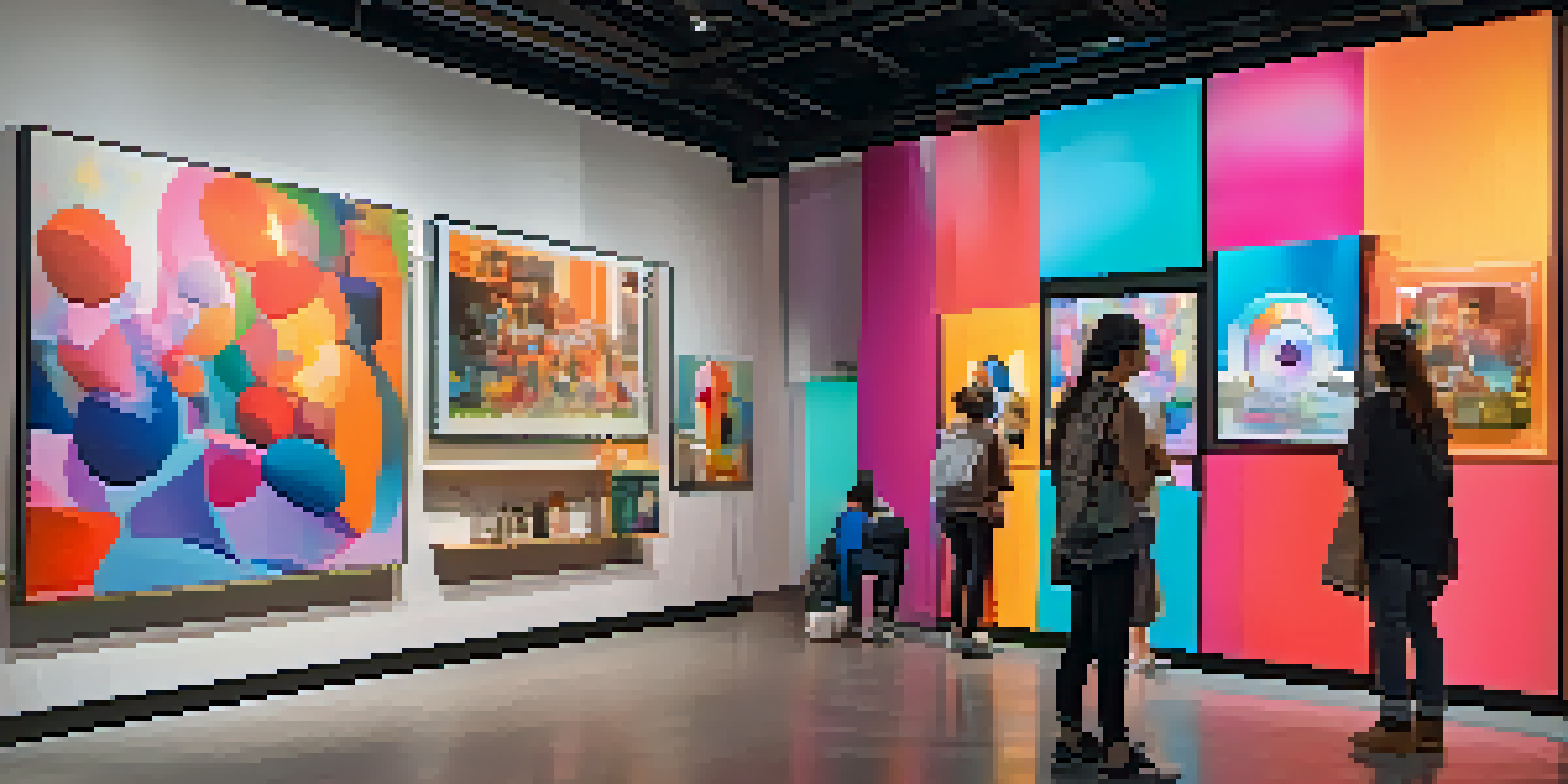 A digital art gallery filled with colorful NFT artworks displayed on modern screens, with visitors admiring the art and engaging in conversations.