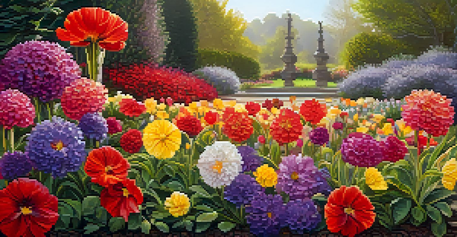 A close-up view of a flower garden in bloom, featuring vibrant flowers and glistening dew under soft morning light.