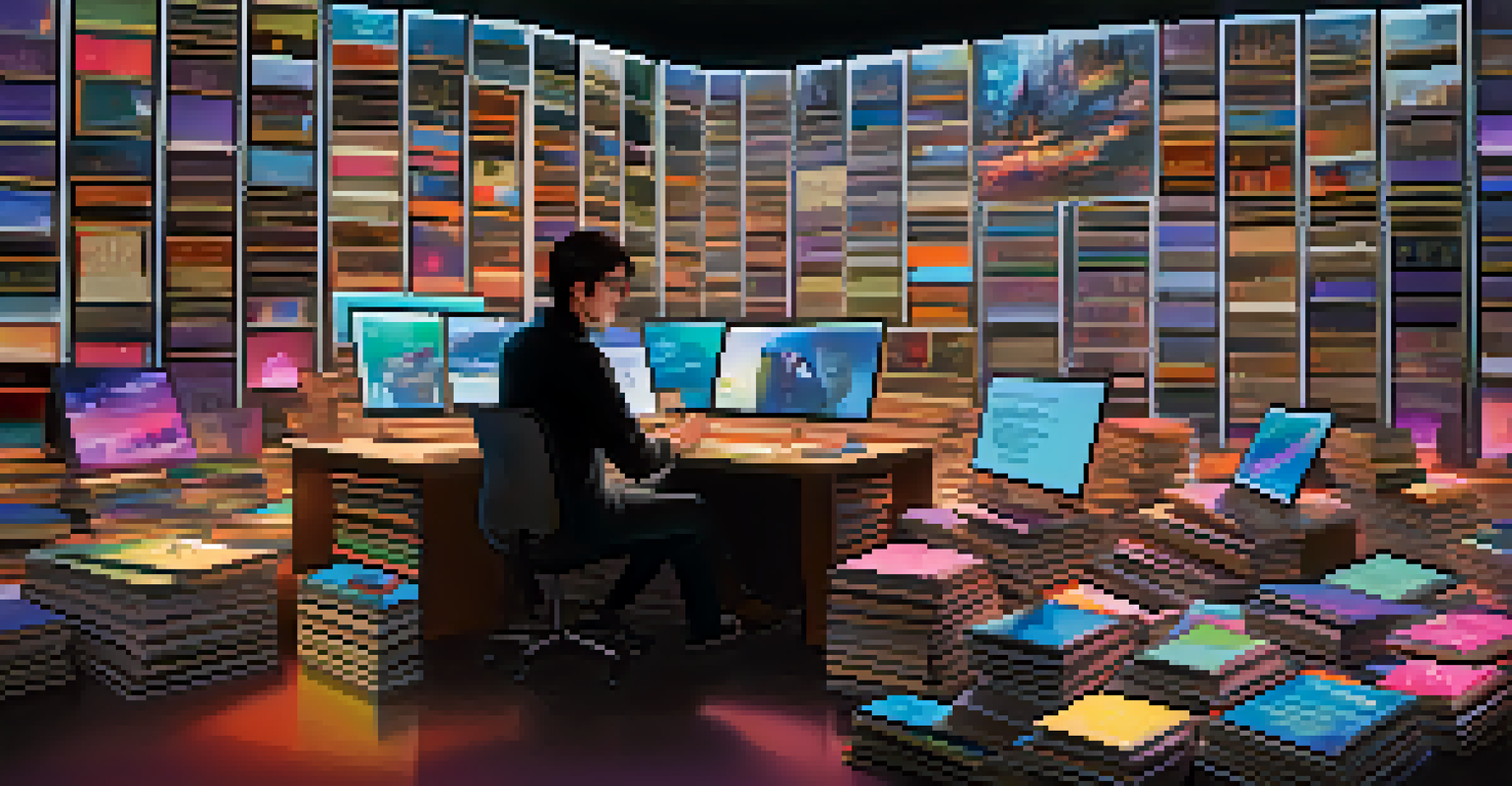 An author at a digital desk with floating NFTs of their works, surrounded by glowing screens and colorful digital art.