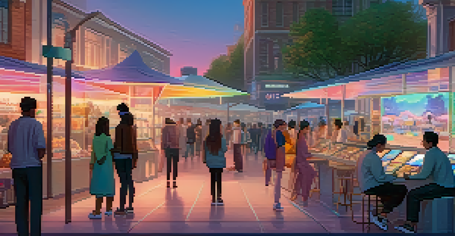 A tranquil digital marketplace with virtual art displayed on holographic screens, set in a pastel twilight landscape.