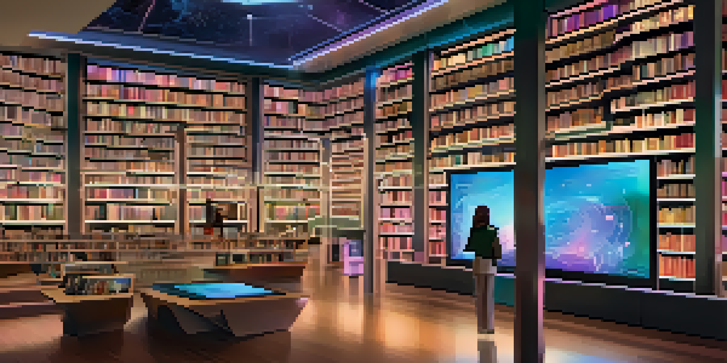 A futuristic library with holographic books and interactive screens, featuring diverse readers in a warm, inviting atmosphere.