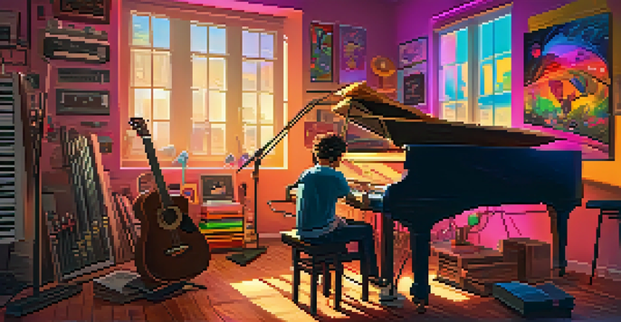 A musician in a cozy studio surrounded by musical instruments and colorful digital artworks, illuminated by warm sunlight.
